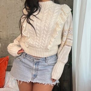 anthropologie ivory cable-knit mock neck ruffle sweater